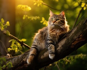 cat is sitting on a branch in the forest.