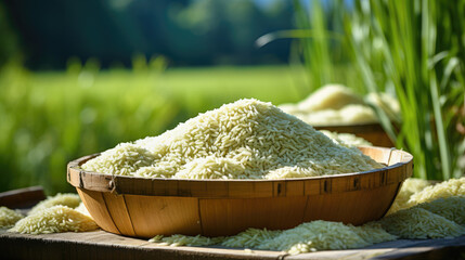 raw rice in wooden basket on wooden table in rice field