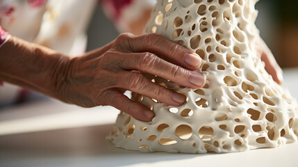 old women hand handcrafting a piece of art that represent Osteoporosis - obrazy, fototapety, plakaty