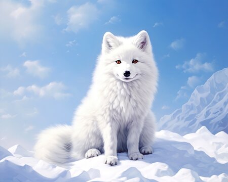 white artic fox on snow.