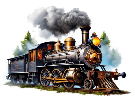 An old steam engine is on a white background.