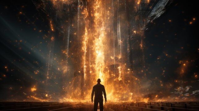 A man against the backdrop of a mysterious rock structure with lights. Astral travel.