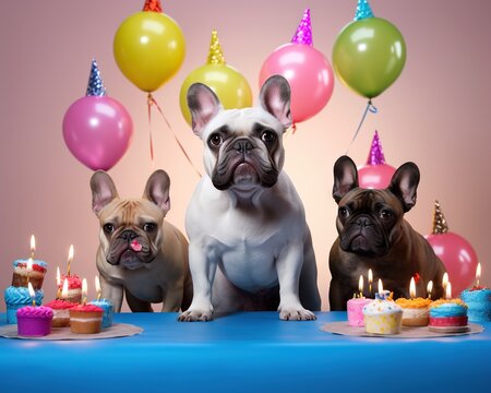 an image of a french bulldog with a birthday cake.
