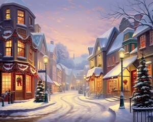 snow-covered buildings decorated for Christmas.