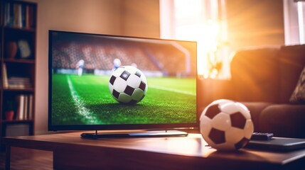 Football Ball on Table with Defocused TV Showing Soccer Match