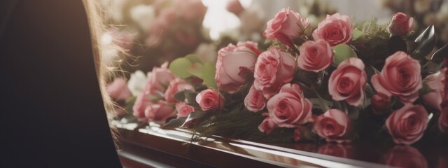 Funeral Woman Rose Flower Coffin Church - obrazy, fototapety, plakaty