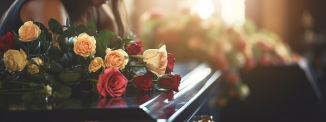 Funeral Woman Rose Flower Coffin Church - obrazy, fototapety, plakaty