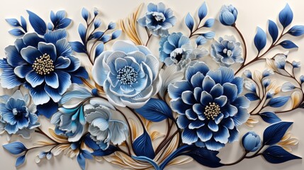 Close-up pattern of large blue flowers, on a white background.