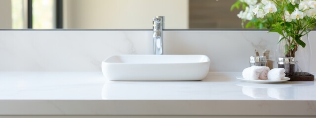 Fototapeta na wymiar White Bathroom Interior Marble Table Product Display
