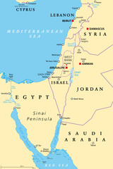 Israel and the Sinai Peninsula, political map. The Southern Levant, an arid geographical and historical region, encompassing Israel, Palestine, Jordan, Lebanon, southern Syria and the Sinai Peninsula.