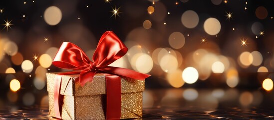 Luxurious holiday gift boxes with a prominent red bow set against a bokeh background of festive lights