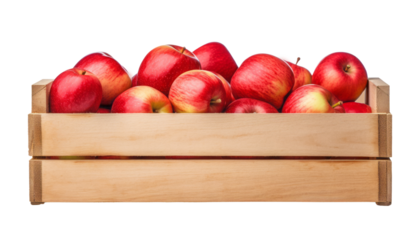 red apples in wooden box isolated on transparent background cutout