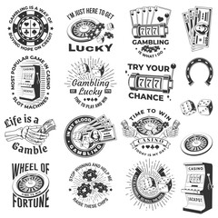 Set of gambling vintage print, logo, badge design with wheel of fortune, two dice, skeleton hand holding dollar, poker playing card, casino chips, slot machines and horseshoe silhouette. Vector - 659100896