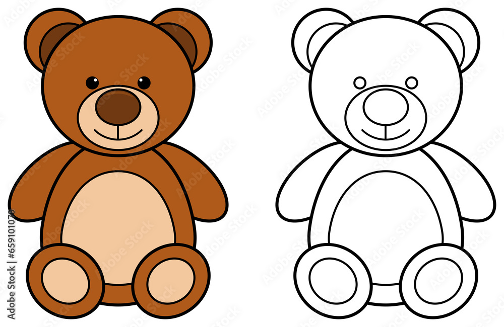 Wall mural cartoon teddy bear colorful and outline. coloring book page for children. game for kids.