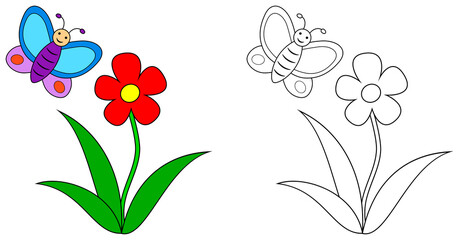 Cartoon butterfly with flower colorful and line. Coloring book page for children. Colored and outline  butterfly with flower illustration isolated on trabsparent background. Game for kids.