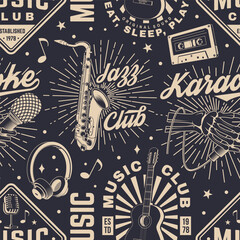 Retro music club seamless pattern. Background with retro microphone, saxophone, audio cassette, classical acoustic guitar, headphones with sunburst. Concept for background or wallpaper. Vector