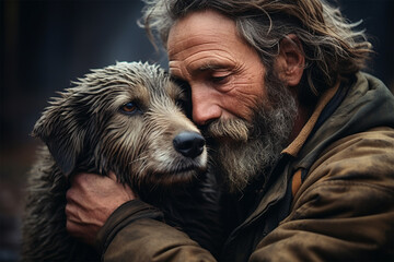 a lonely homeless old man with his pet dog. The connection between people and their pets. support and care for animals and human mental health