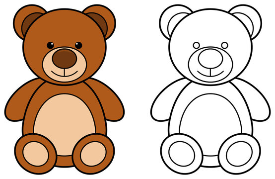 Cartoon teddy bear colorful and outline. Coloring book page for children. Game for kids.