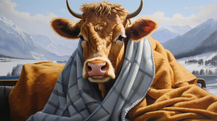 Bull with horns under blanket  - obrazy, fototapety, plakaty