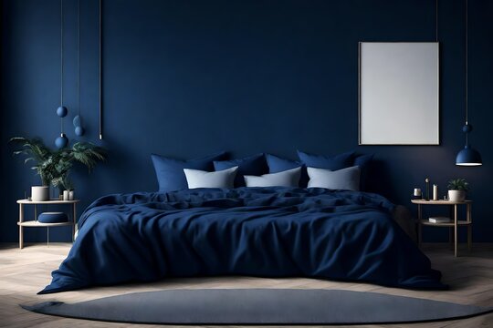 Luxury blue bed and blue wall