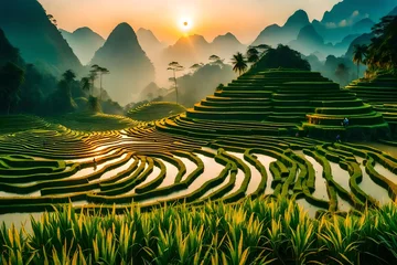 Deurstickers Rijstvelden rice terraces at sunrise