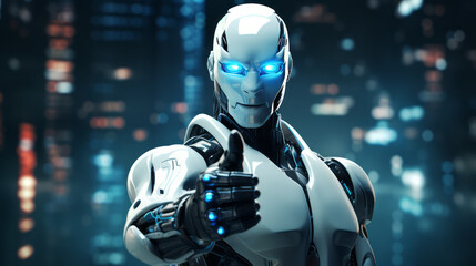 Fototapeta premium AI robot making thumb up, futuristic city in the background.