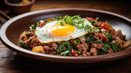 Phat kaphrao Thai stir-fry combines minced meat basil served with rice and fried eggs