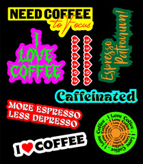 Retro coffee stickers groovy, elements of coffee addict, i love coffee, hippie style vector set of elements. cool cards or banners. text style for coffee lovers.
