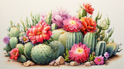 watercolor of variety cactus