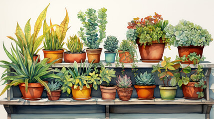 Watercolor of small plants in pots - obrazy, fototapety, plakaty