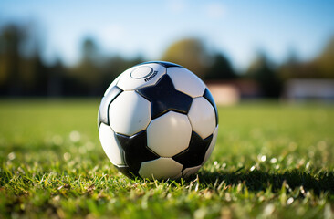 Fototapeta premium Sunlit Soccer Ball on a Vibrant Green Field,soccer ball on grass
