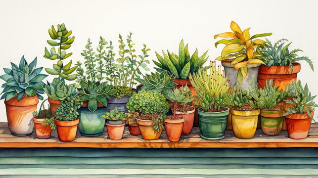Watercolor of small plants in pots