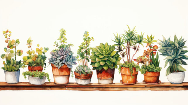 Watercolor of small plants in pots