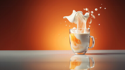 Splash of coffee drink in glass cup brewed by pouring coffee on neutral orange background. High quality photo