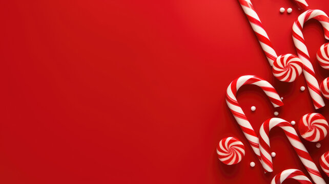 Christmas and new year red and white candy canes on a flat neutral red background. High quality photo