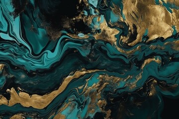 Abstract art with teal and black colors, marble swirls, agate ripples, beautiful texture, and gold glitter. Generative AI - obrazy, fototapety, plakaty