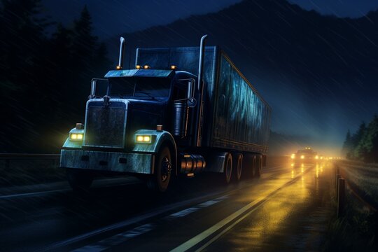 Nighttime highway transport truck. Generative AI