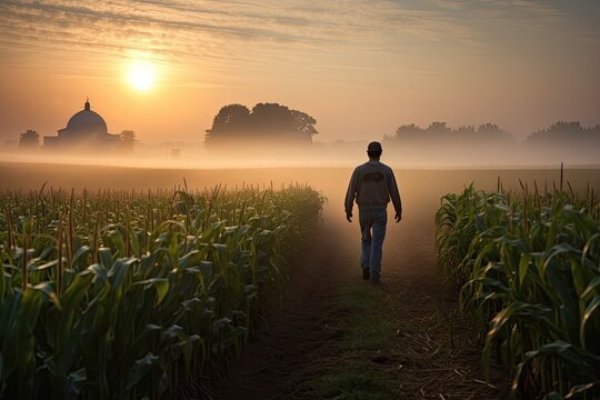 Male farmer walks along a cornfield in the evening fog. Back view. In the distance is a granary. Rural life and agriculture.