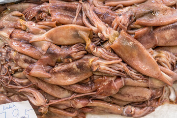 Fresh fish and seafood on traditional fish market in Funchal at Madeira island, Portugal