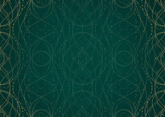 Hand-drawn unique abstract ornament. Light green on a dark cold green background, with vignette in golden glitter. Paper texture. Digital artwork, A4. (pattern: p10-2b)