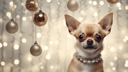 Chihuahua dog with golden decorations around and christmas light on the background. High quality...