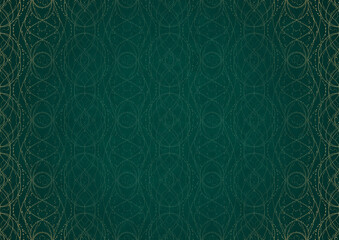 Hand-drawn unique abstract ornament. Light green on a dark cold green background, with vignette in golden glitter. Paper texture. Digital artwork, A4. (pattern: p10-2c)
