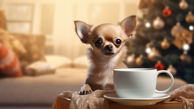 Chihuahua dog sitting with a cup of coffee on the table and christmas tree decor on the background. High quality photo