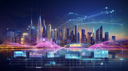 Navigating the Smart City: Abstract Infographics Illustrating Artificial Intelligence, Digital Urbanization, Data Communication, and 5G Network Technologies - obrazy, fototapety, plakaty
