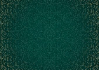 Hand-drawn unique abstract ornament. Light green on a dark cold green background, with vignette in golden glitter. Paper texture. Digital artwork, A4. (pattern: p11-1b)