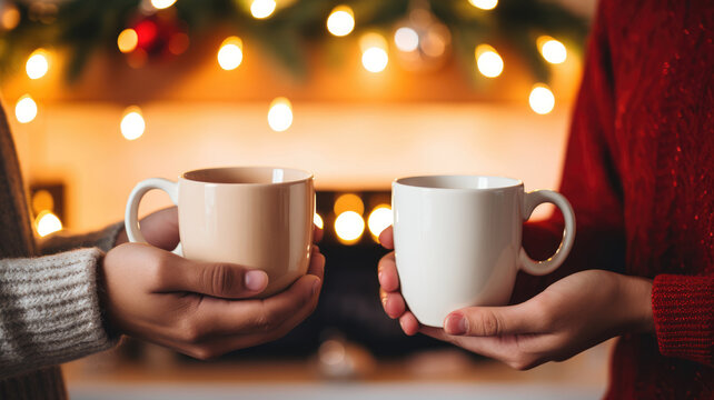 Two people holding warm cup of coffee in hands and christmas light with decorations on background. High quality photo