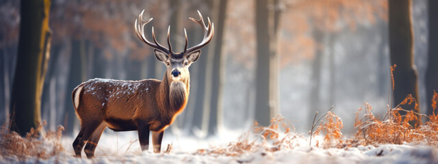 Deer in a winter snowy forest background