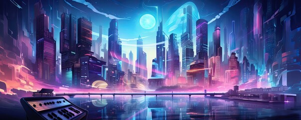 Futuristic city at night with neon lights.