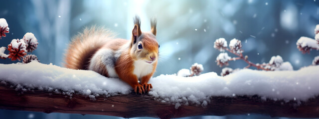 squirrel in the snow background - obrazy, fototapety, plakaty