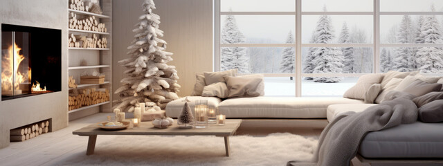 White Christmas tree in modern living room background